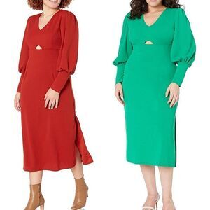 Balloon Sleeve Keyhole Side Slit Midi Dress SIZE L NWT